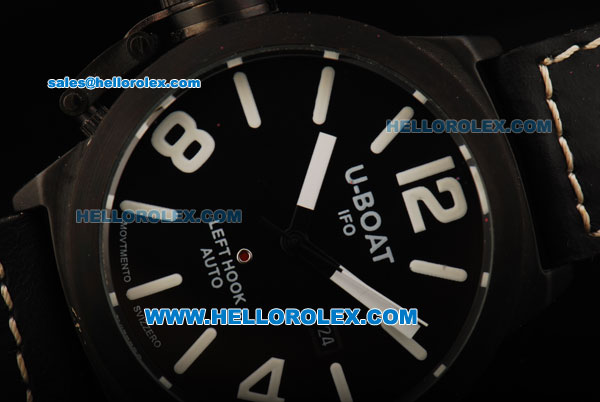 U-Boat Italo Fontana Left Hook Automatic Movement PVD Case with Black Dial and White Arabic Numerals - Black Leather Strap - Click Image to Close